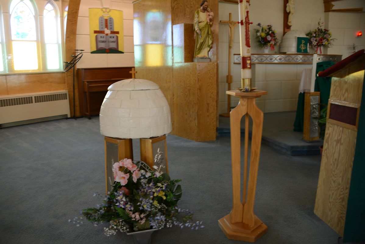 05F Statues And Model Of Igloo With Cross On Top Next To Altar Inside Our Lady Of Victory Igloo Church In Inuvik Northwest Territories